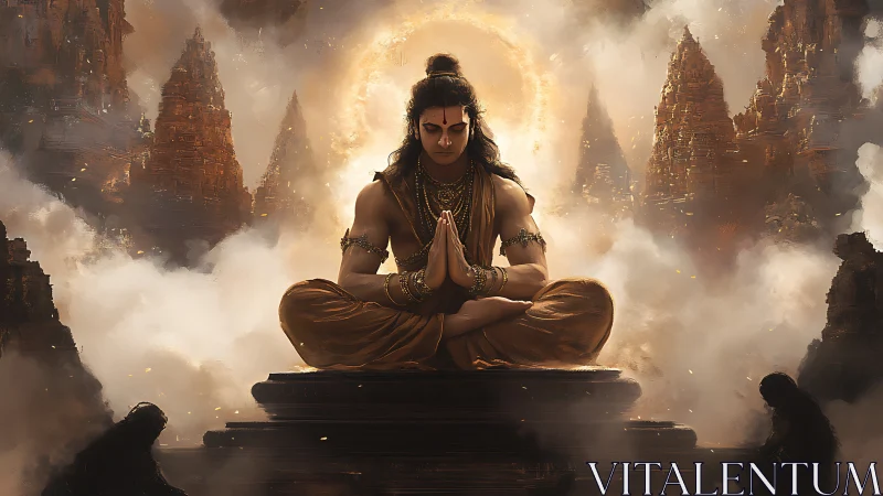 Divine warrior meditates amid ethereal temple spires in mist