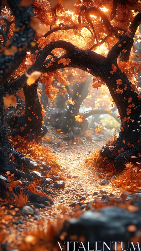 Luminous Autumn Portal Through Twisted Tree Arch with Cascading Golden Light