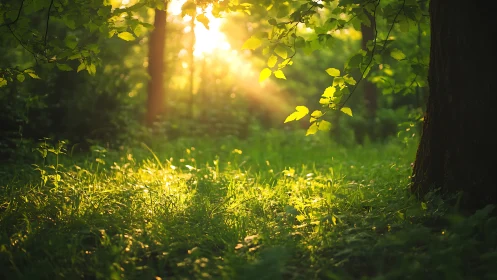 Sunlight streaming through lush green forest in soft focus.