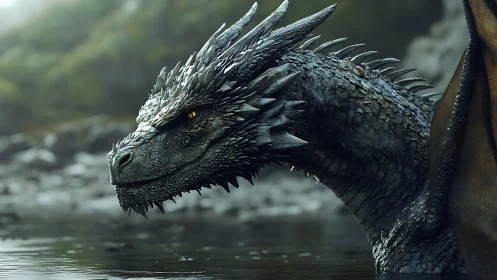 Side profile of spiked dragon by misty rocky shoreline.