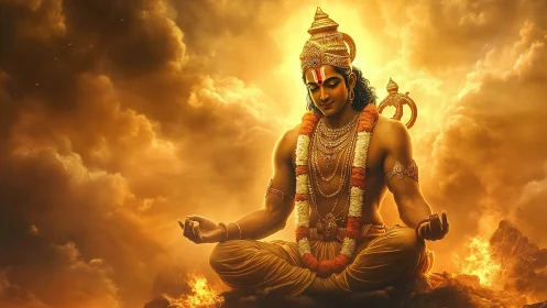Divine meditative deity in radiant golden celestial clouds.