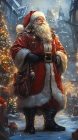 Santa Claus strolls through a glowing snowy city street.