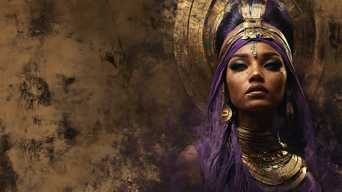 Regal desert queen wrapped in twilight gold and amethyst light.