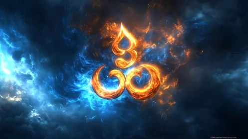 Fiery Om symbol ignites swirling storm of blue energy.