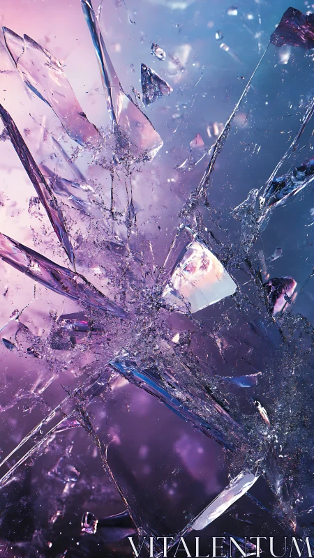 Shattered glass fragments on purple and blue gradient background.