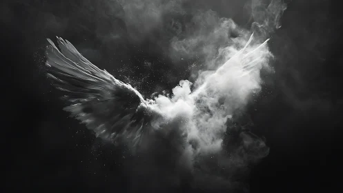White feathered wings dispersed in dense monochrome smoke.