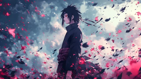Anime swordsman stands amid swirling red leaves and clouds