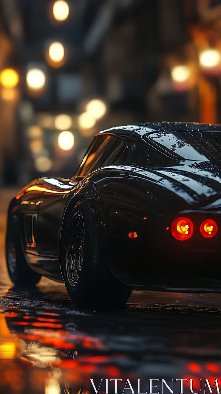 Classic black sports car on wet city street at night.