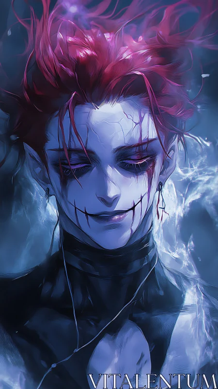 Haunting anime demon smiles amid electric blue stormlight