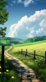 Curving dirt path crosses dandelion meadow under cumuliform sky