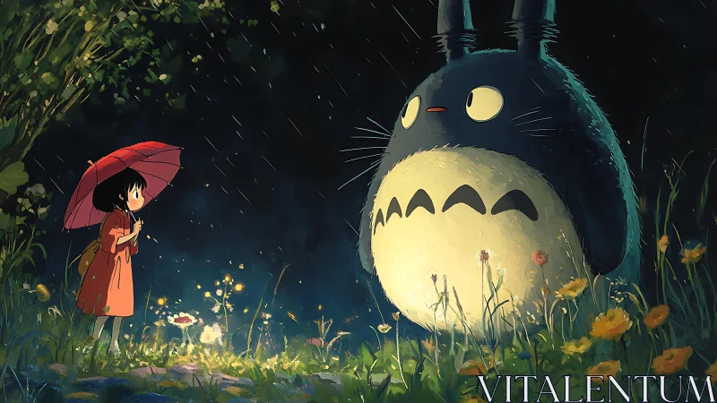 Girl meets forest spirit under glowing rainlit meadow night.