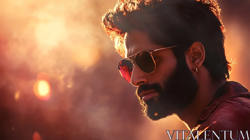 Cinematic backlit portrait in warm atmospheric haze lighting.