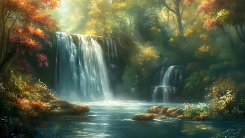 Whispering twin waterfalls in an autumn-lit forest sanctuary.