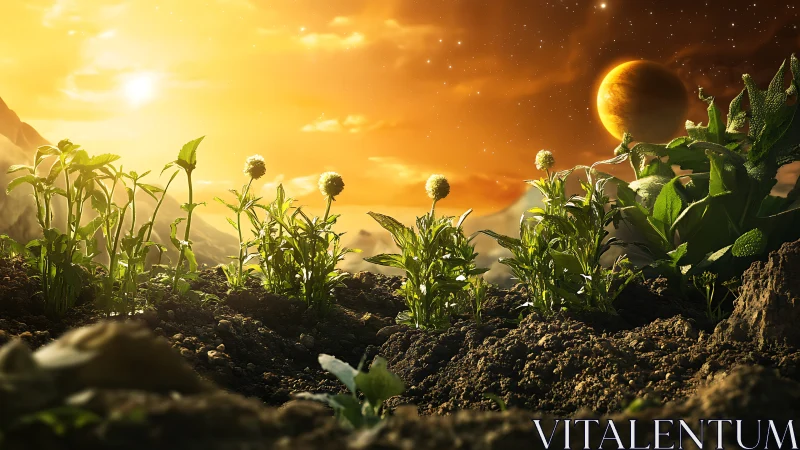 Exoplanet agricultural bed under golden nebular sunrise