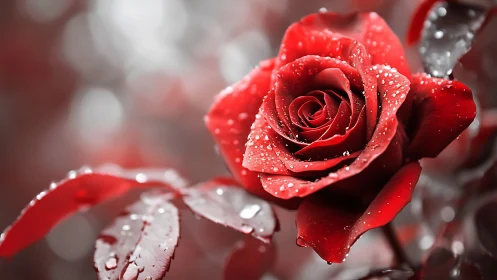 Red Rose Kissed by Raindrops: Nature's Perfect Moment.