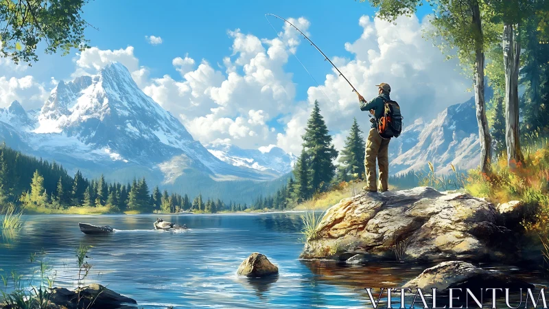 Digital painting of alpine lake angler with atmospheric depth.