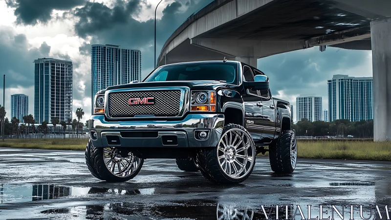 Lifted GMC pickup truck under urban overpass in wet city lot.