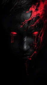 Dark human face with glowing red eyes and liquid traces.