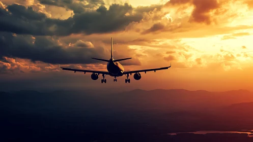 Sunset approach of a jet gliding home through golden skies.