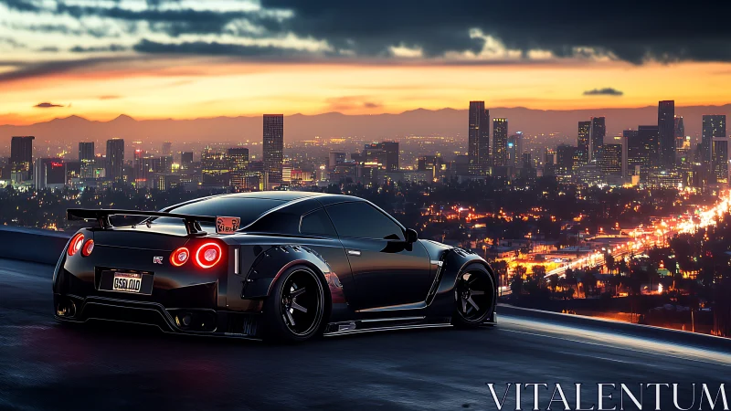 Modified Nissan GT-R at dusk above illuminated city skyline