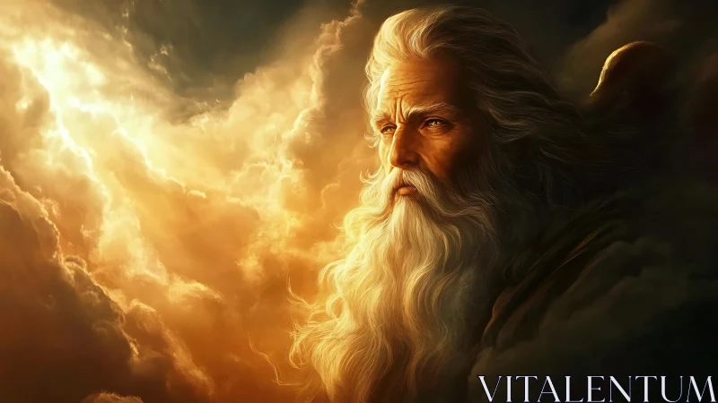 Storm-wreathed elder contemplates sunlight spilling through eternity