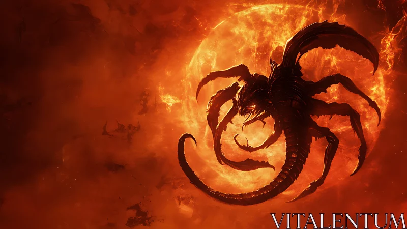 Fiery space beast swirling before a blazing molten sun.