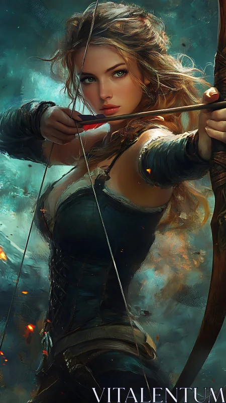 Warrior archer in dynamic draw pose against turbulent teal vortex