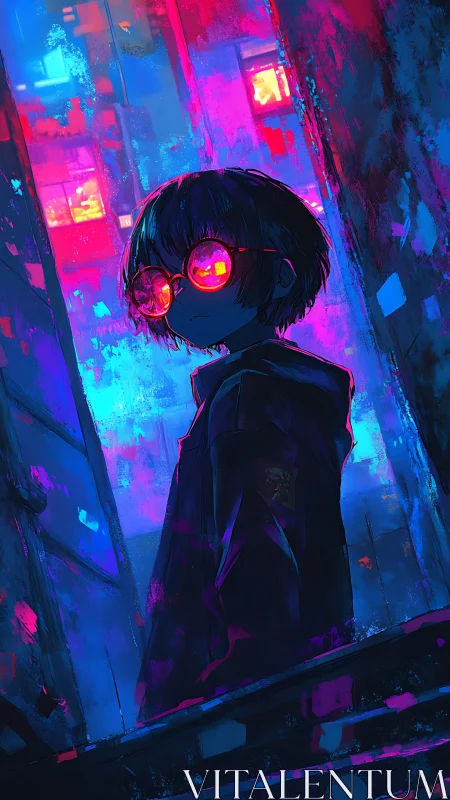 Figure with red glasses stands in neon-lit urban alley