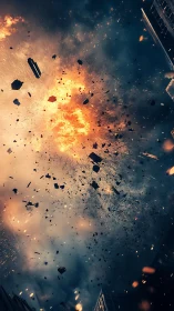 Urban high-rise explosion hurls burning debris skyward.