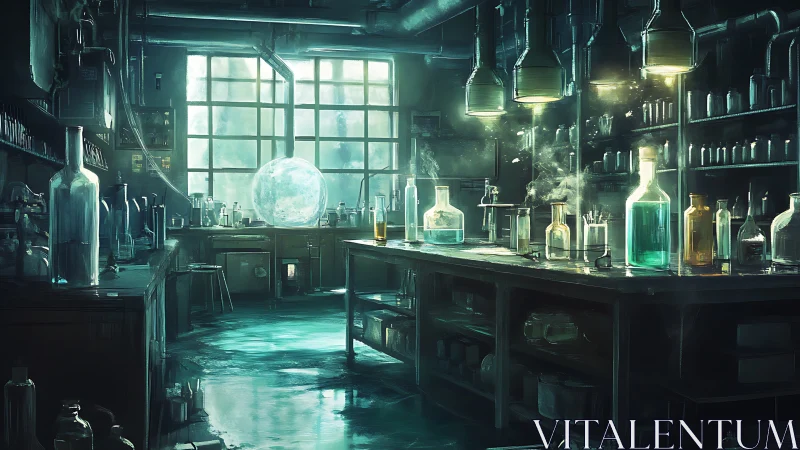 Moody alchemist laboratory with glowing glass vials.