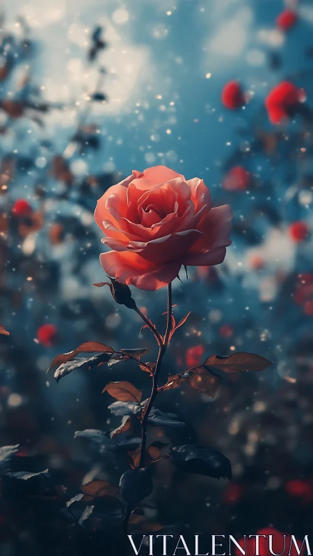 Solitary coral rose glows softly against dreamy blue bokeh