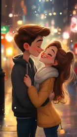 Young couple embracing on urban street at night