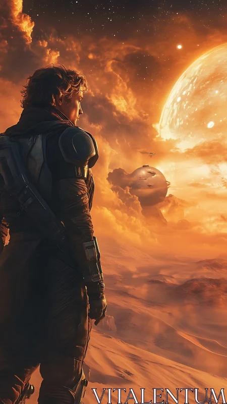 Armored wanderer watches twin worlds above burning dunes.