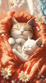 Two Felines Resting on Ornate Orange Fabric Textile.