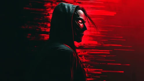 Masked cyber vigilante strides through a blazing red digital storm