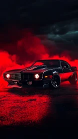 Muscle car prowls through neon red smoke under storm clouds.