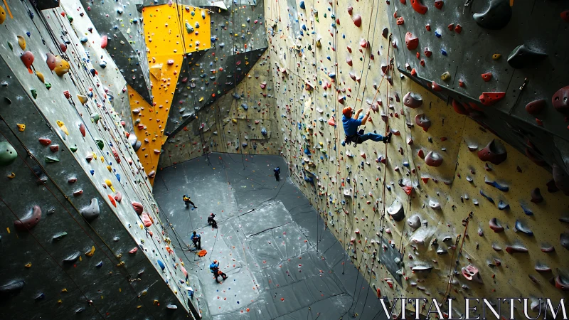 Indoor climbers scaling multicolored walls in vast gym.