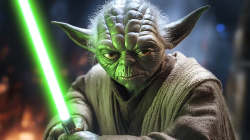 Small green alien warrior stands ready with glowing sword