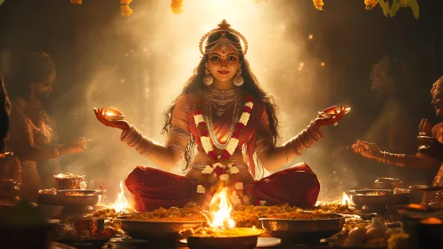 Divine firelit goddess balances stillness and swirling devotion