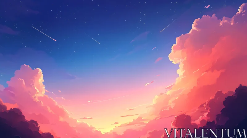 Dreamy sunset sky glows softly with clouds and falling stars
