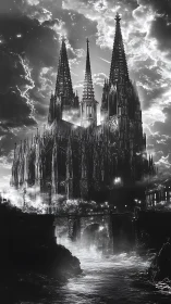 Gothic cathedral towers cut storm sky in monochrome thunder
