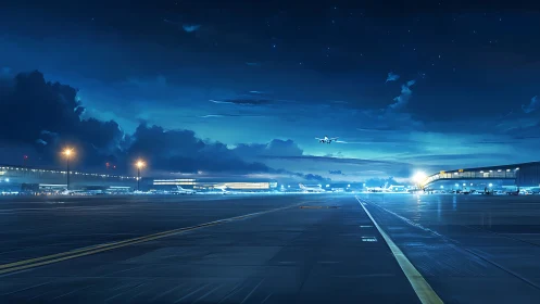 Night airport runway with illuminated terminal and aircraft.