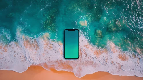 Dreamy shoreline sunrise with floating smartphone portal.