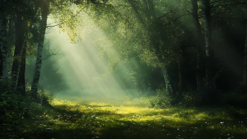 Serene sunlit forest glade with birch trees and misty morning light.