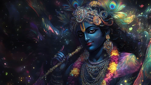 Blue-skinned divine musician with ornate jewelry and peacock motifs.