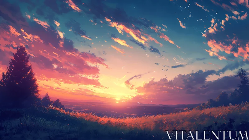 Sunset over grassy hill with distant valley view.