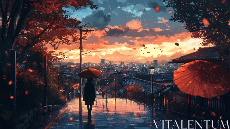 Rainy hilltop street overlooking sunset city skyline.