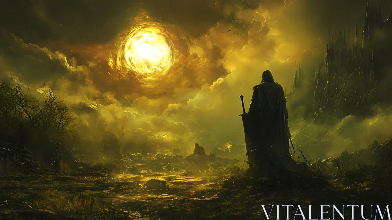 Lone cloaked wanderer beneath a blazing stormlit sky.