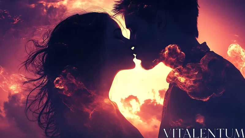 Silhouetted couple kissing against fiery sunset sky