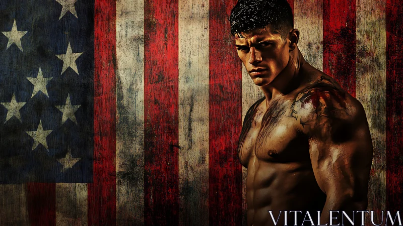 Strong bare-chested fighter stands boldly before worn flag